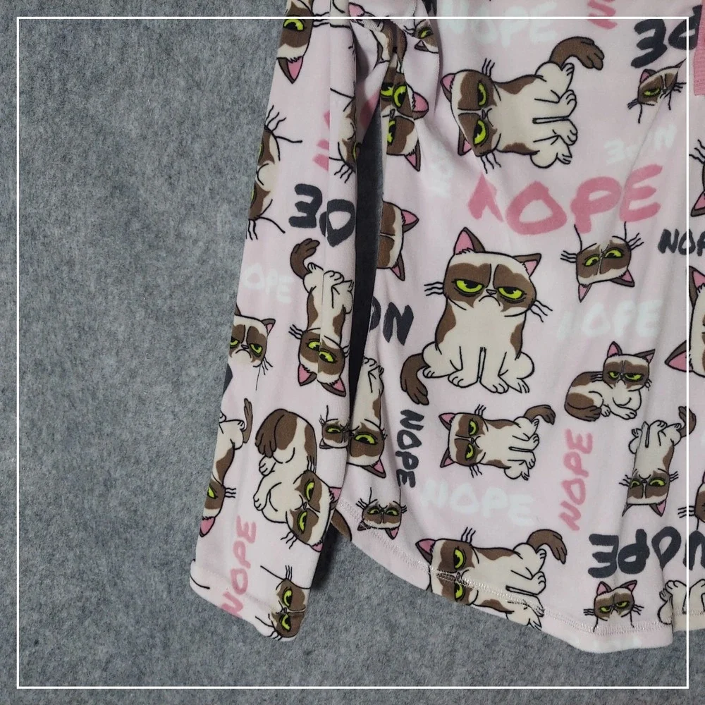 Grumpy Cat Pink Crystal Nope‎ Fleece Pajama Top Small S 4-6 Henley Long Sleeve